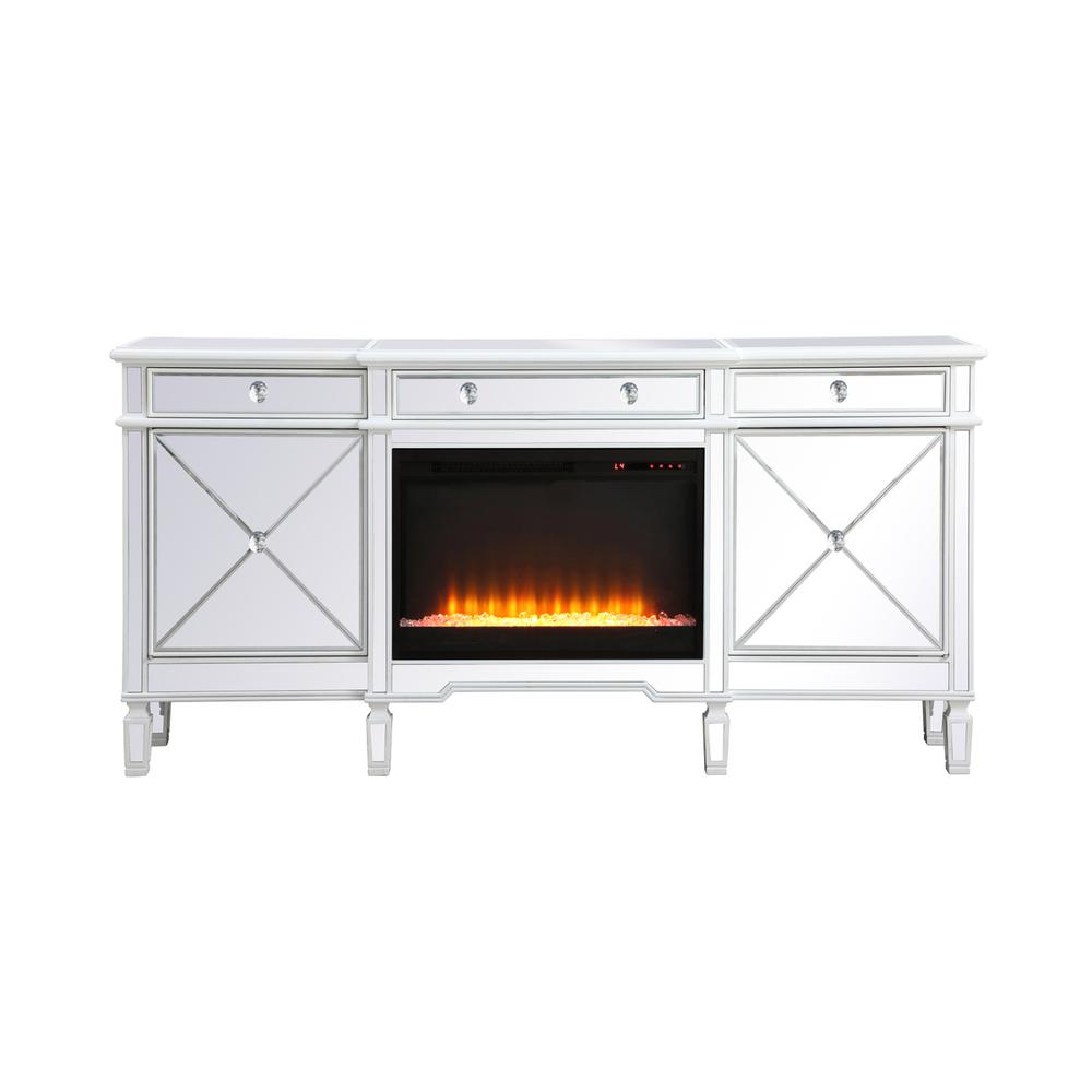 Contempo 72 In. Mirrored Credenza With Crystal Fireplace In Antique White. Picture 1