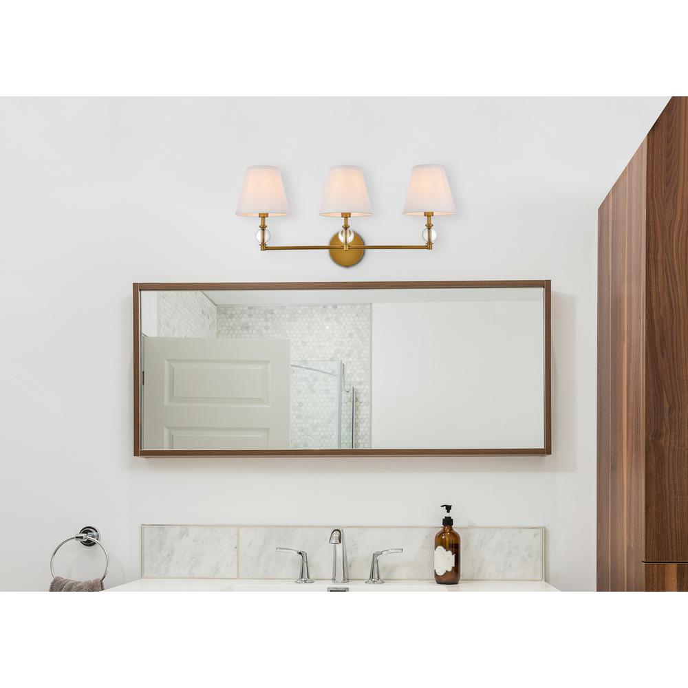 Bethany 3 Lights Bath Sconce In Brass With White Fabric Shade. Picture 6