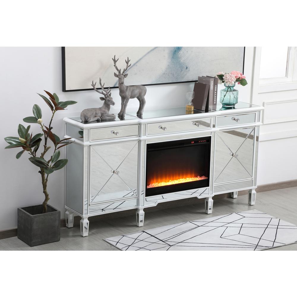 Contempo 72 In. Mirrored Credenza With Crystal Fireplace In Antique White. Picture 3