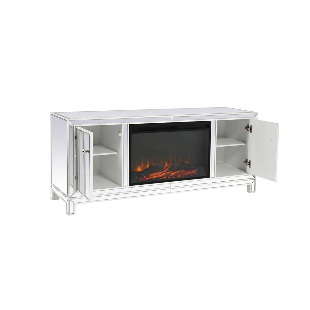 60 In. Mirrored Tv Stand With Wood Fireplace Insert In White. Picture 4