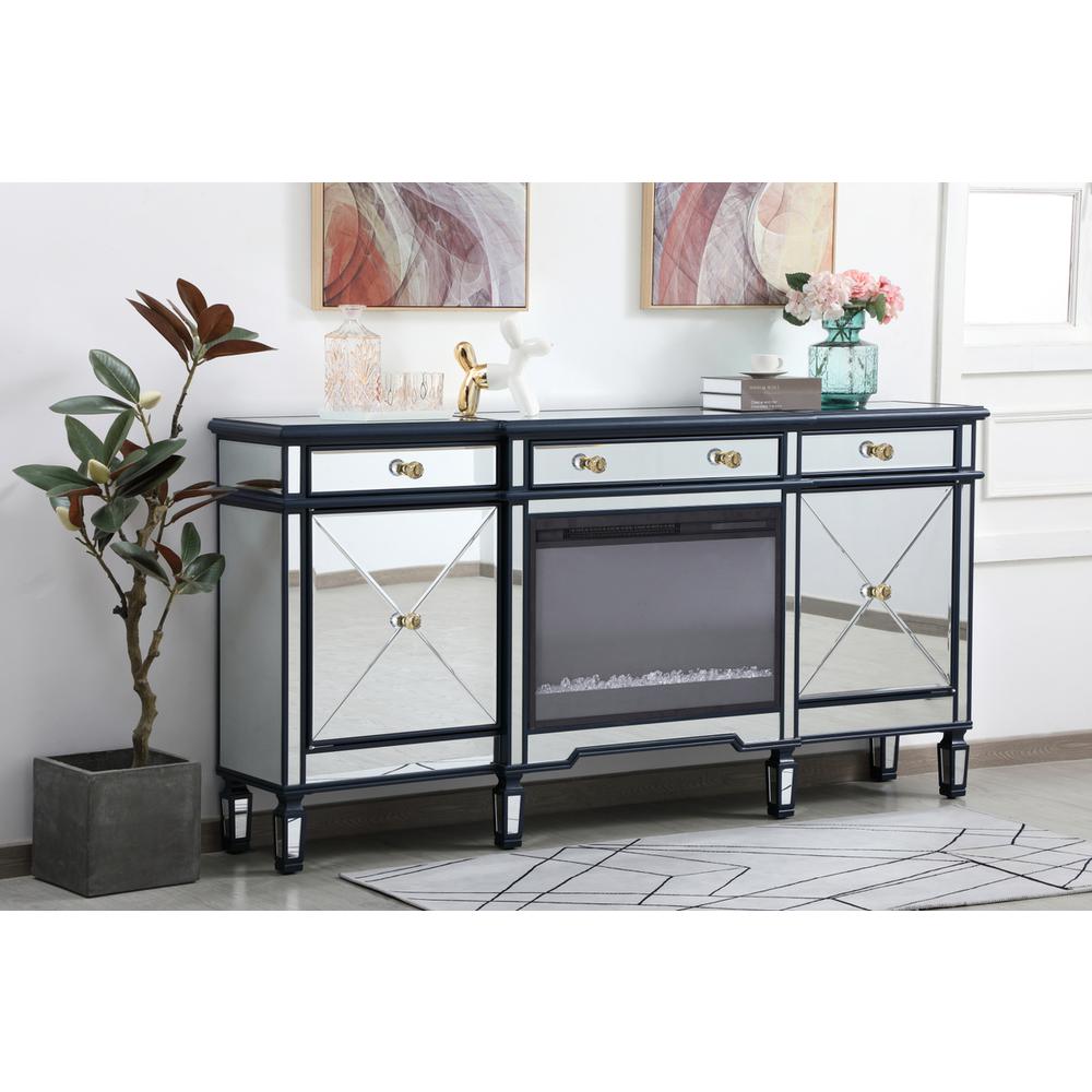 Contempo 72 In. Mirrored Credenza With Crystal Fireplace In Blue. Picture 2