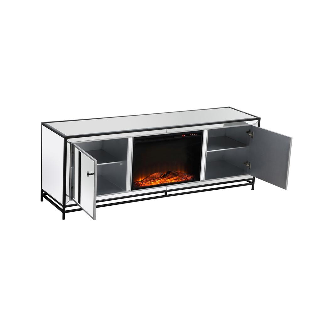 James 72 In. Mirrored Tv Stand With Wood Fireplace In Black. Picture 8
