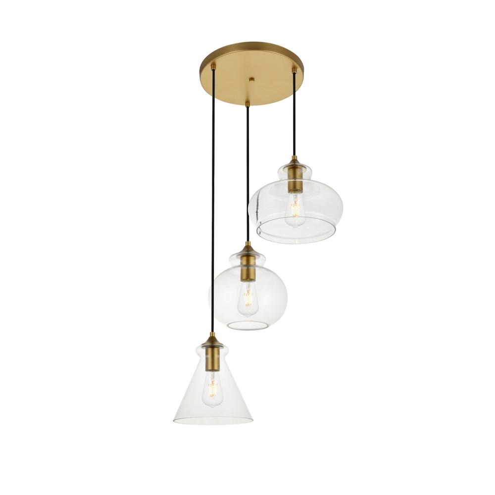 Destry 3 Lights Brass Pendant With Clear Glass. Picture 2