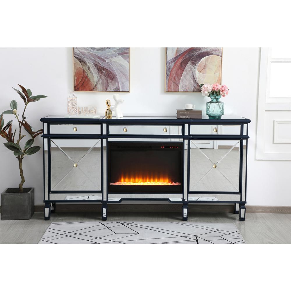 Contempo 72 In. Mirrored Credenza With Crystal Fireplace In Blue. Picture 10