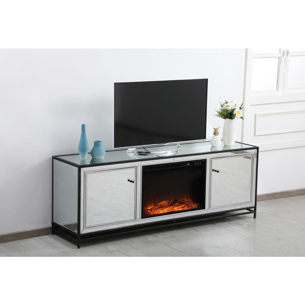 James 72 In. Mirrored Tv Stand With Wood Fireplace In Black. Picture 4