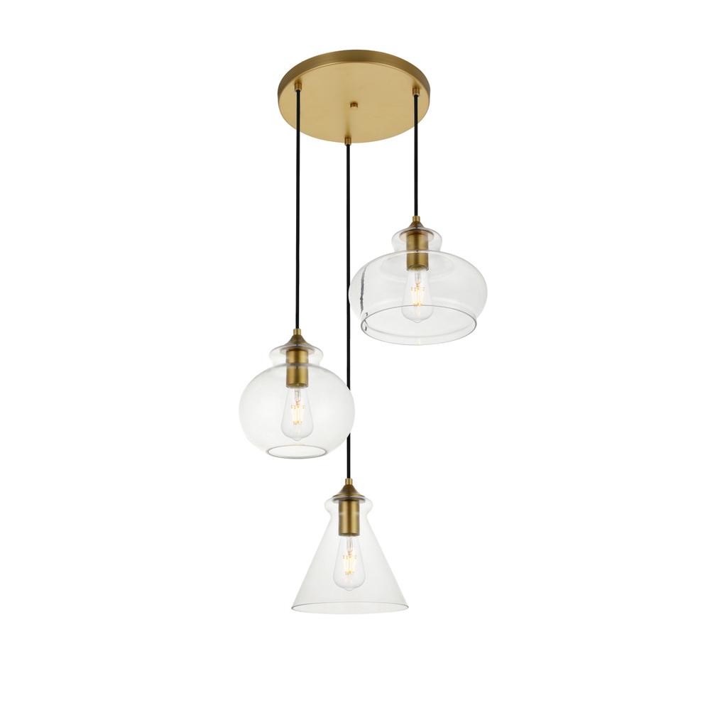 Destry 3 Lights Brass Pendant With Clear Glass. Picture 1