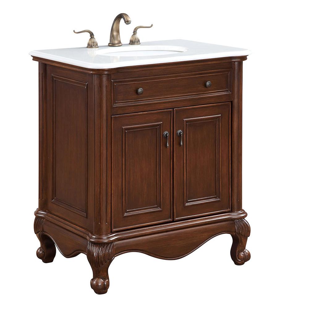 30 Inch Single Bathroom Vanity In Teak Color With Ivory White Engineered Marble. Picture 7