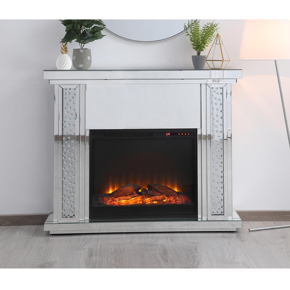 47.5 In. Crystal Mirrored Mantle With Wood Log Insert Fireplace. Picture 11