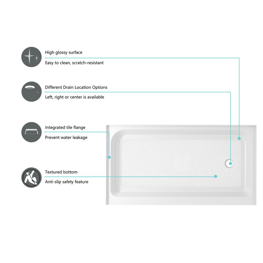 60X36 Inch Single Threshold Shower Tray Right Drain In Glossy White. Picture 6