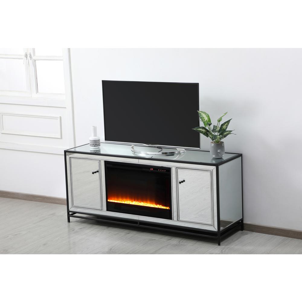 James 60 In. Mirrored Tv Stand With Crystal Fireplace In Black. Picture 4
