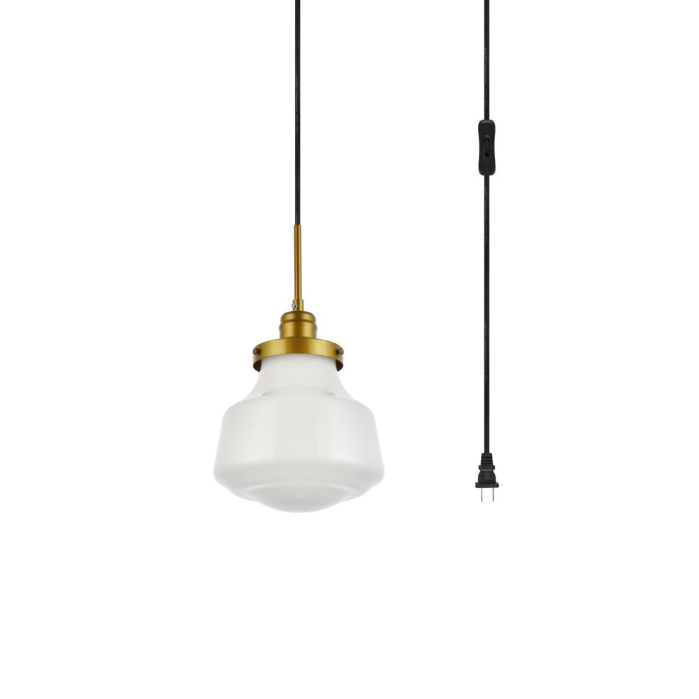 Lyle 1 Light Brass And Frosted White Glass Plug In Pendant. Picture 2