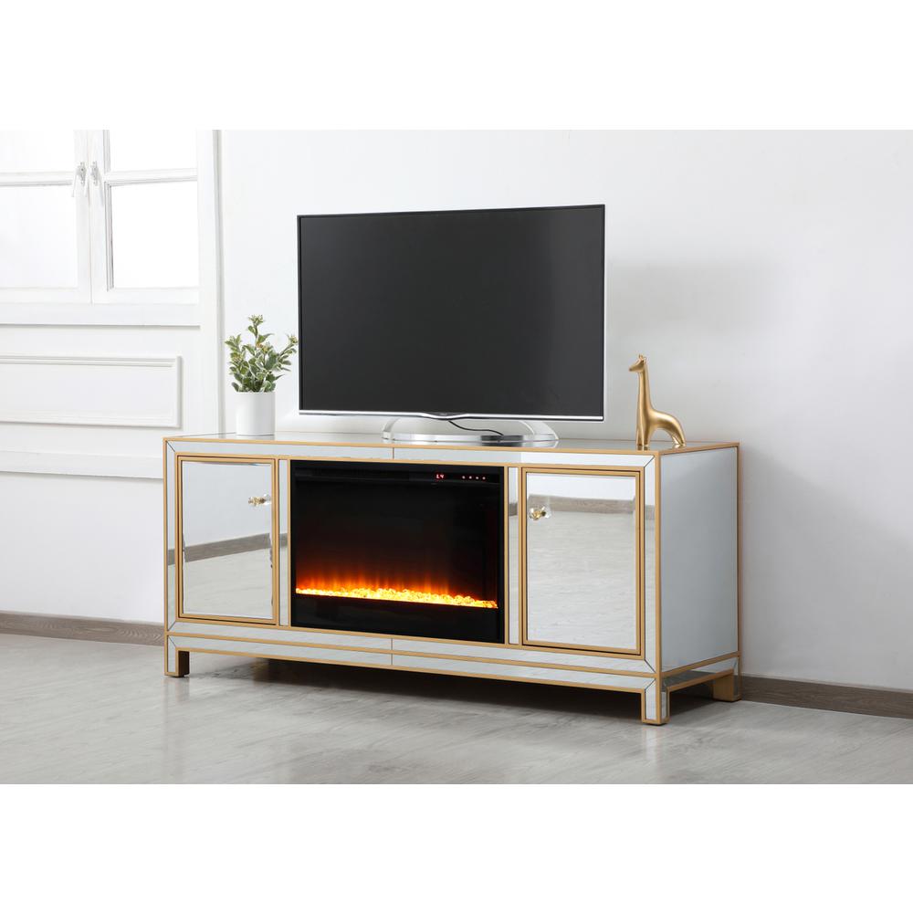 Reflexion 60 In. Mirrored Tv Stand With Crystal Fireplace In Gold. Picture 2