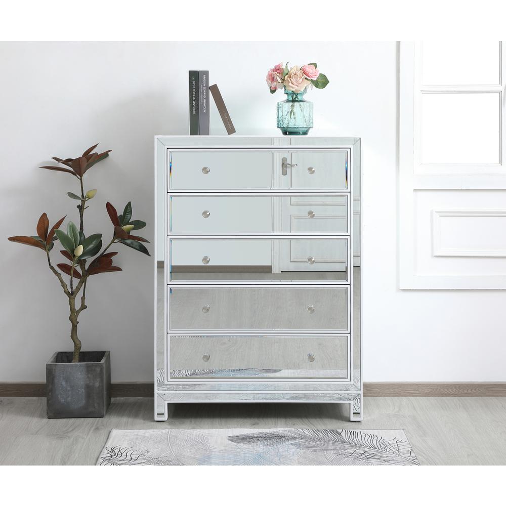 34 Inch Mirrored Five Drawer Cabinet In White. Picture 11