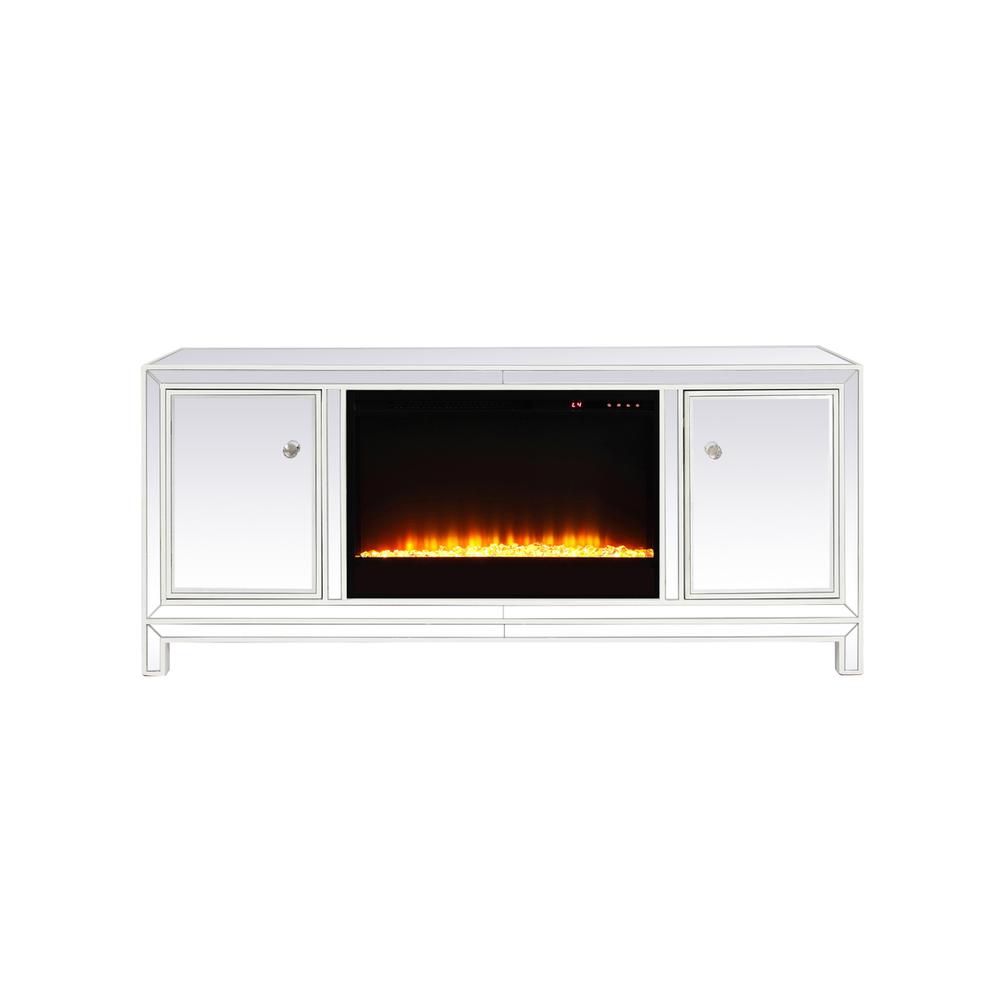 60 In. Mirrored Tv Stand With Crystal Fireplace Insert In White. Picture 1