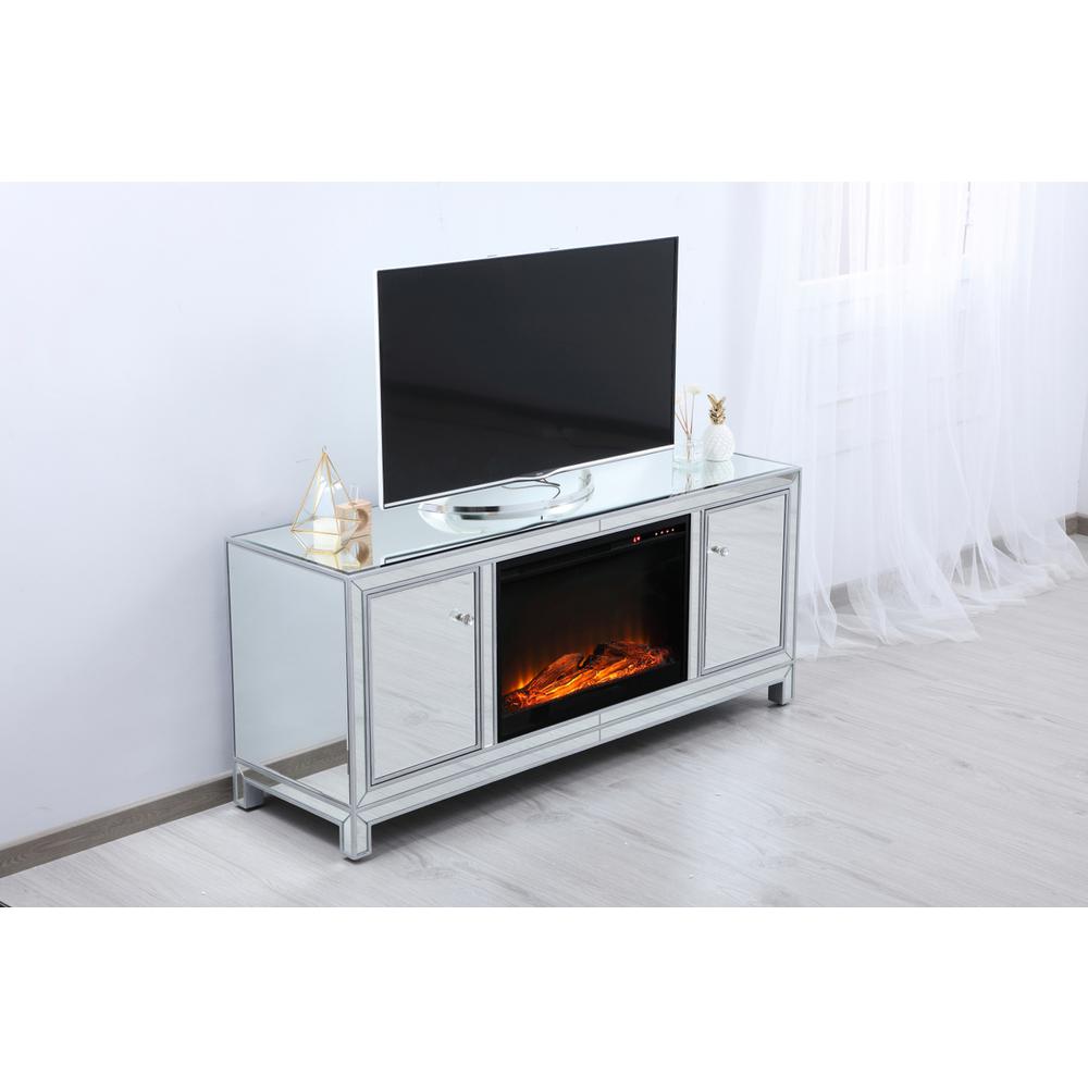 60 In. Mirrored Tv Stand With Wood Fireplace Insert In Antique Silver. Picture 3