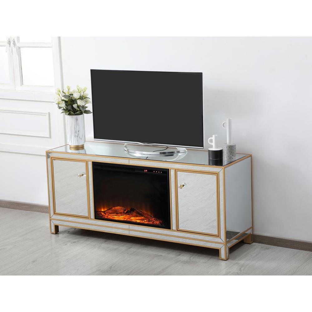 Reflexion 60 In. Mirrored Tv Stand With Wood Fireplace In Gold. Picture 4