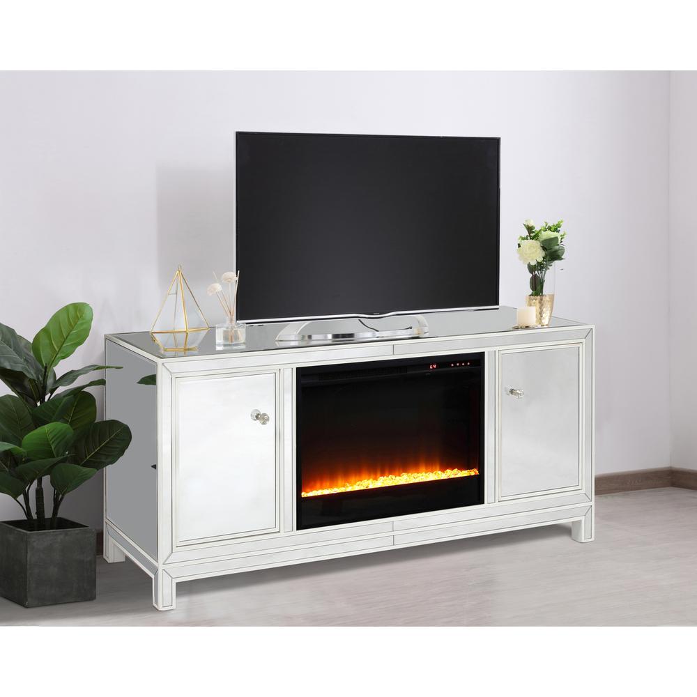 60 In. Mirrored Tv Stand With Crystal Fireplace Insert In White. Picture 2
