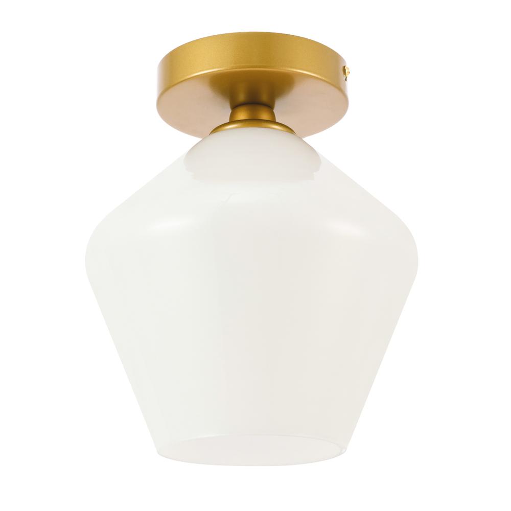 Gene 1 Light Brass And Frosted White Glass Flush Mount. Picture 6