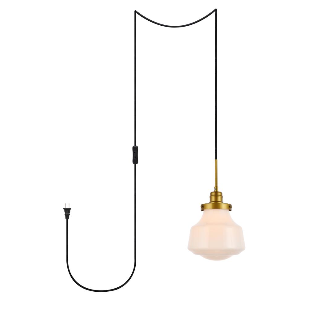 Lyle 1 Light Brass And Frosted White Glass Plug In Pendant. Picture 1