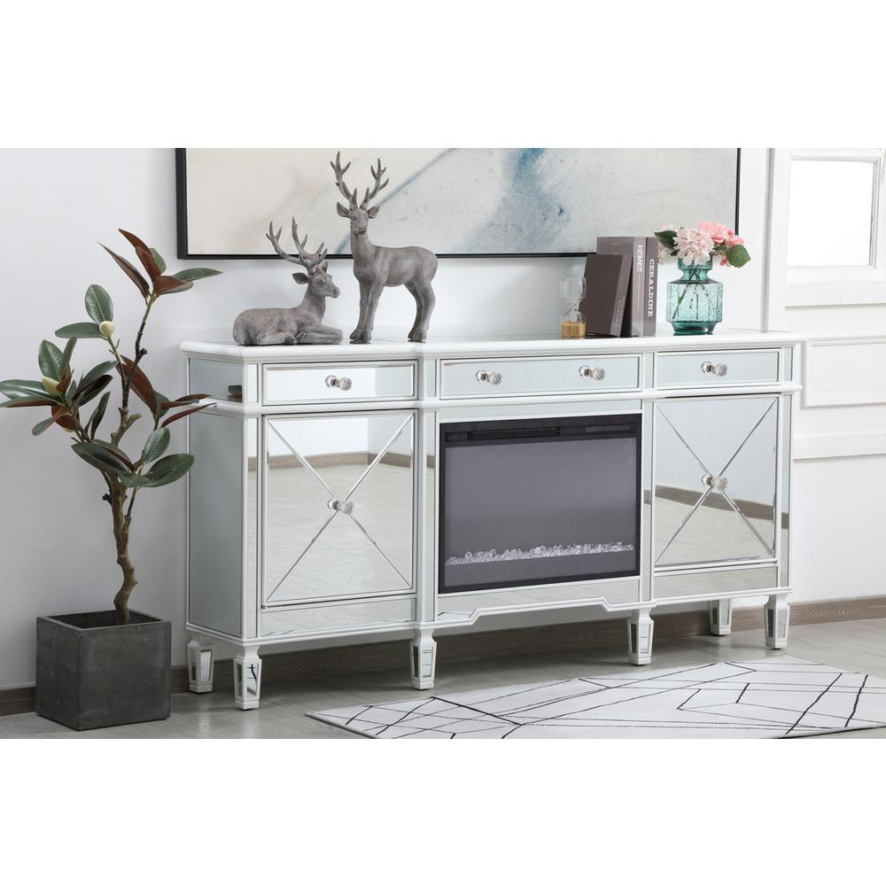 Contempo 72 In. Mirrored Credenza With Crystal Fireplace In Antique White. Picture 2