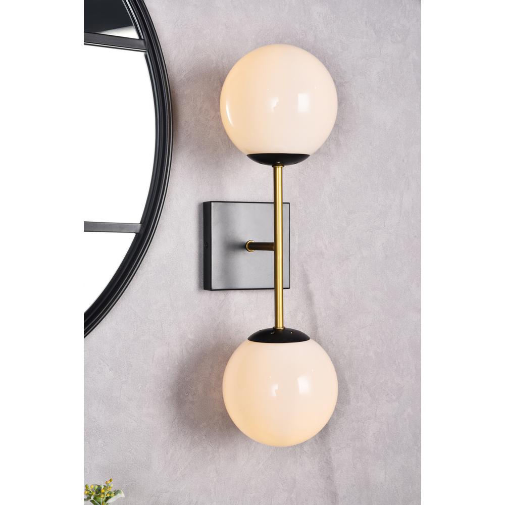 Neri 2 Lights Black And Brass And White Glass Wall Sconce. Picture 8