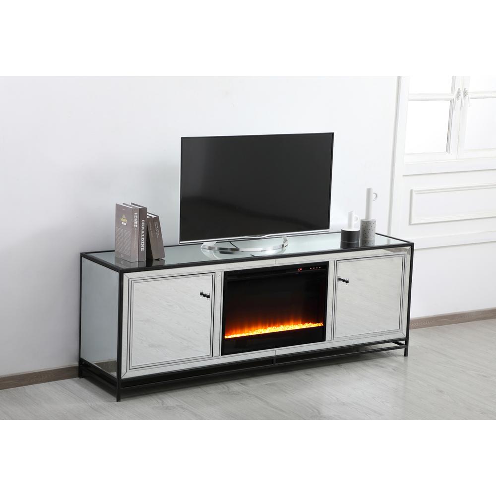 James 72 In. Mirrored Tv Stand With Crystal Fireplace In Black. Picture 4