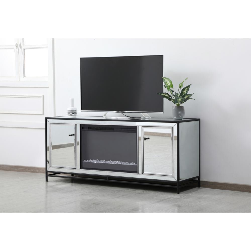 James 60 In. Mirrored Tv Stand With Crystal Fireplace In Black. Picture 3