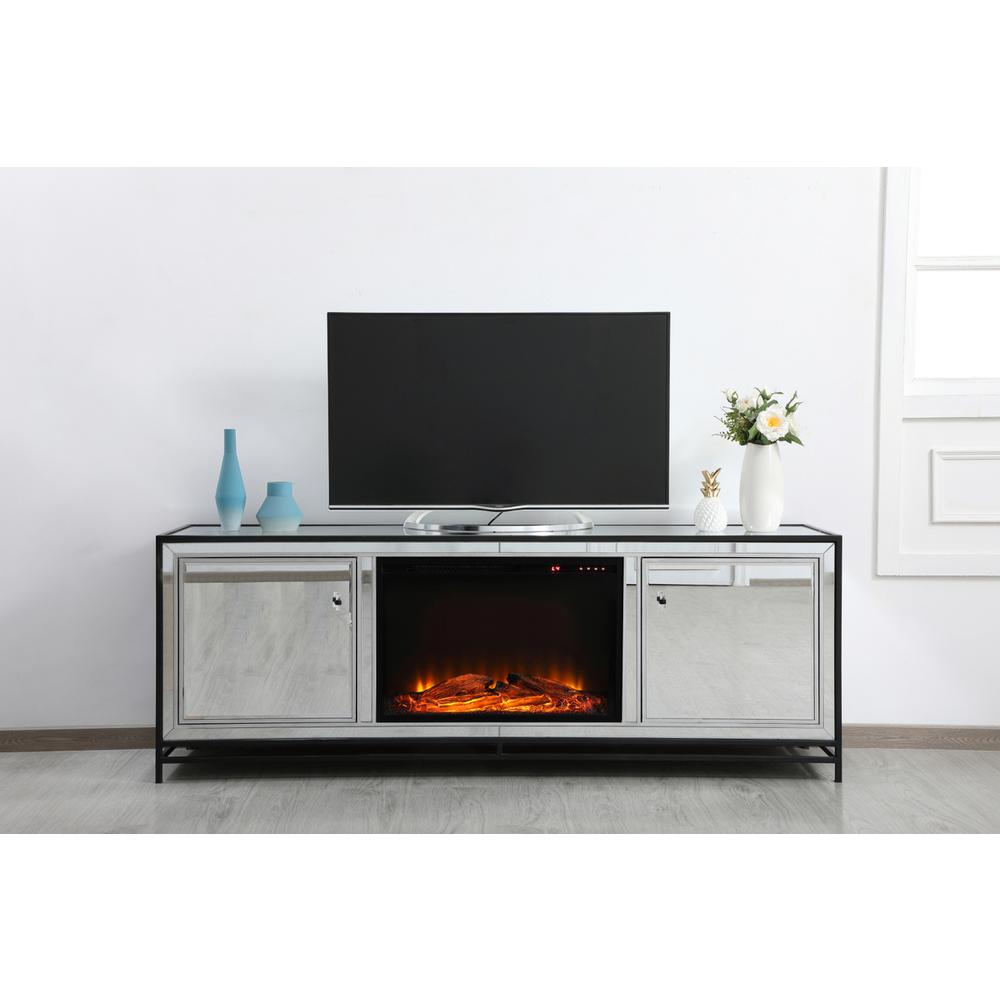 James 72 In. Mirrored Tv Stand With Wood Fireplace In Black. Picture 13