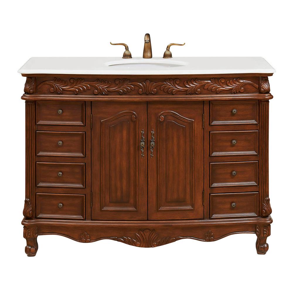 48 Inch Single Bathroom Vanity In Teak Color With Ivory White Engineered Marble. Picture 1