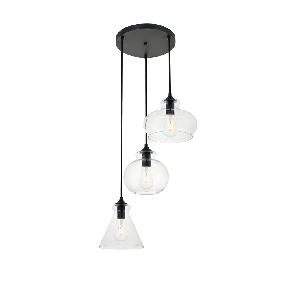 Destry 3 Lights Black Pendant With Clear Glass. Picture 2