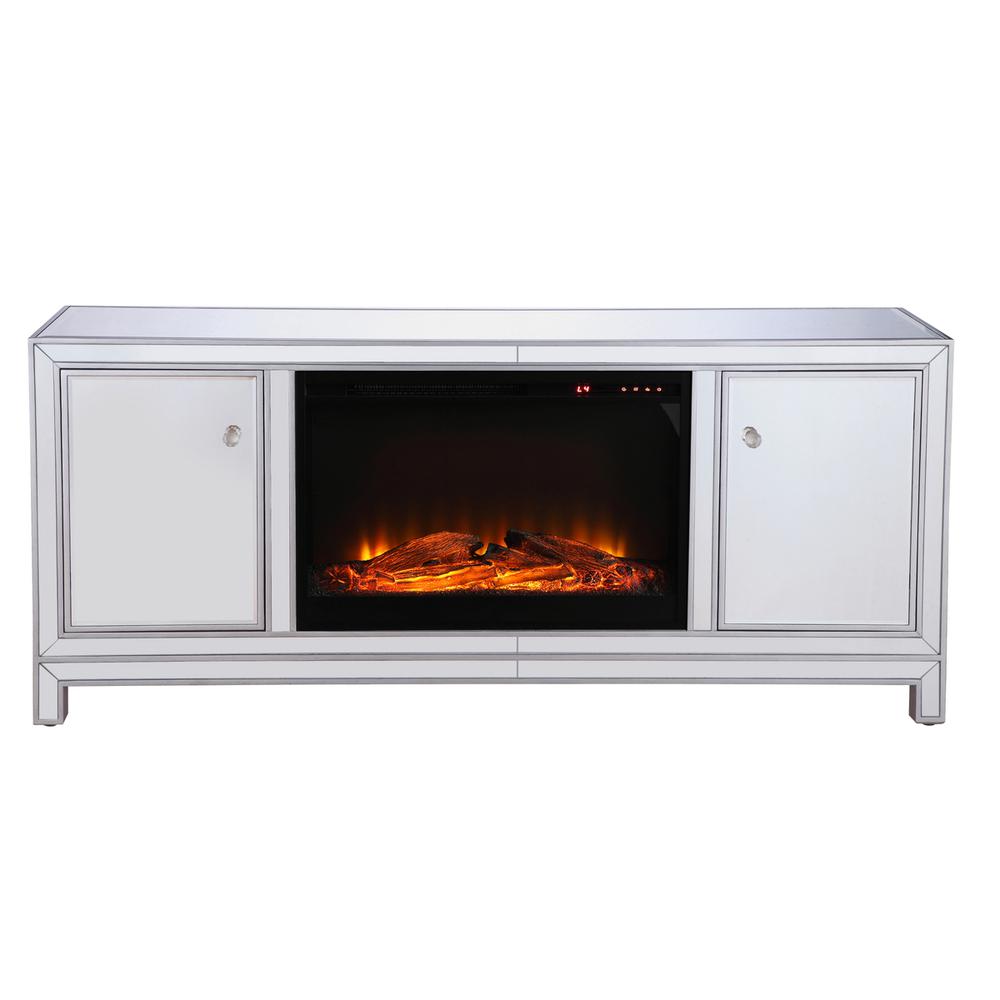 60 In. Mirrored Tv Stand With Wood Fireplace Insert In Antique Silver. Picture 1