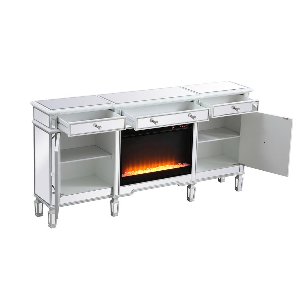 Contempo 72 In. Mirrored Credenza With Crystal Fireplace In Antique White. Picture 5