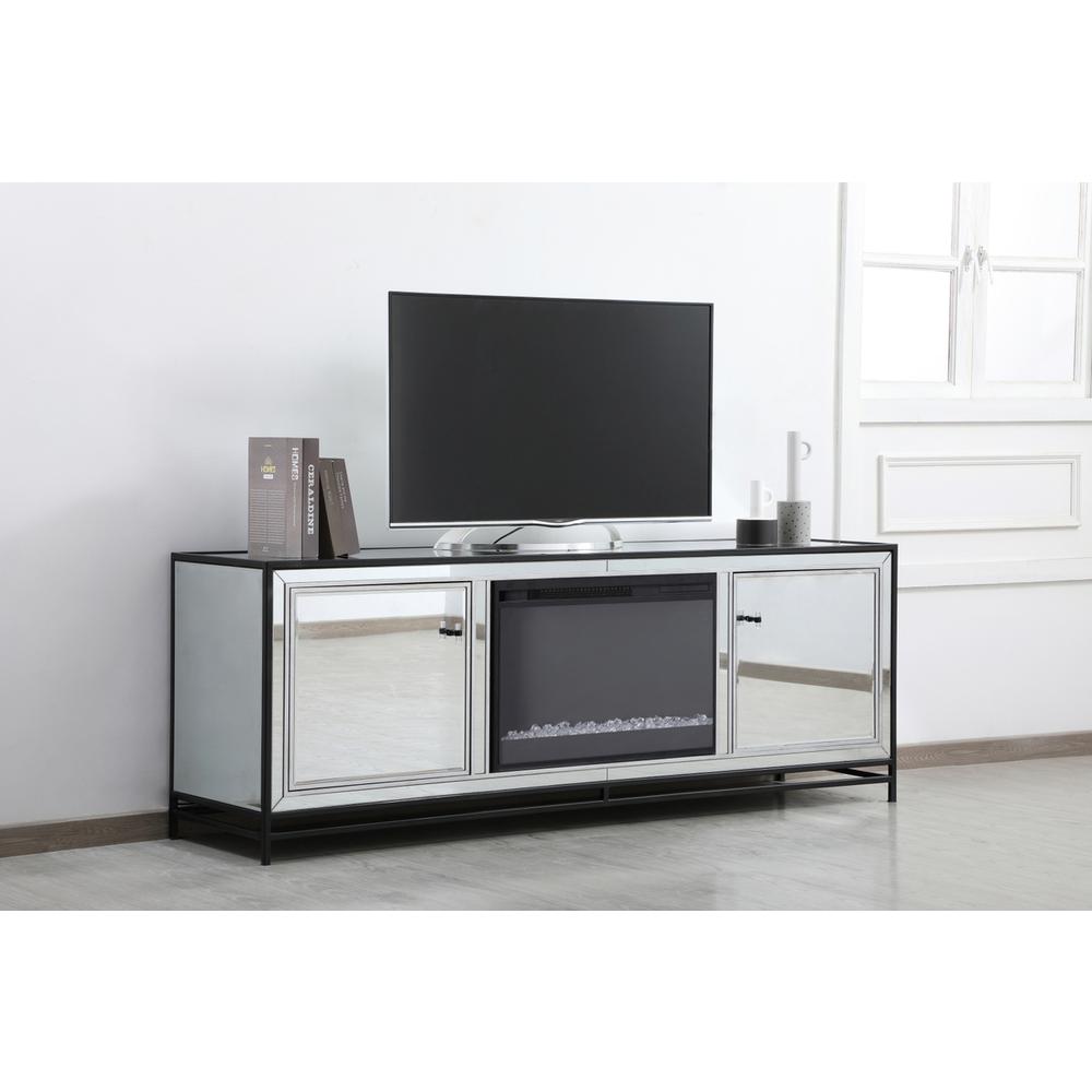 James 72 In. Mirrored Tv Stand With Crystal Fireplace In Black. Picture 3
