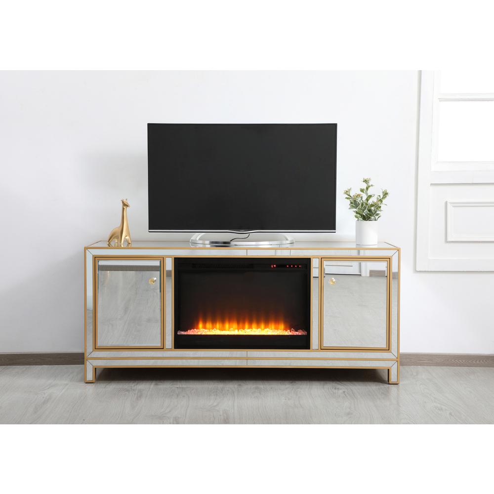 Reflexion 60 In. Mirrored Tv Stand With Crystal Fireplace In Gold. Picture 13