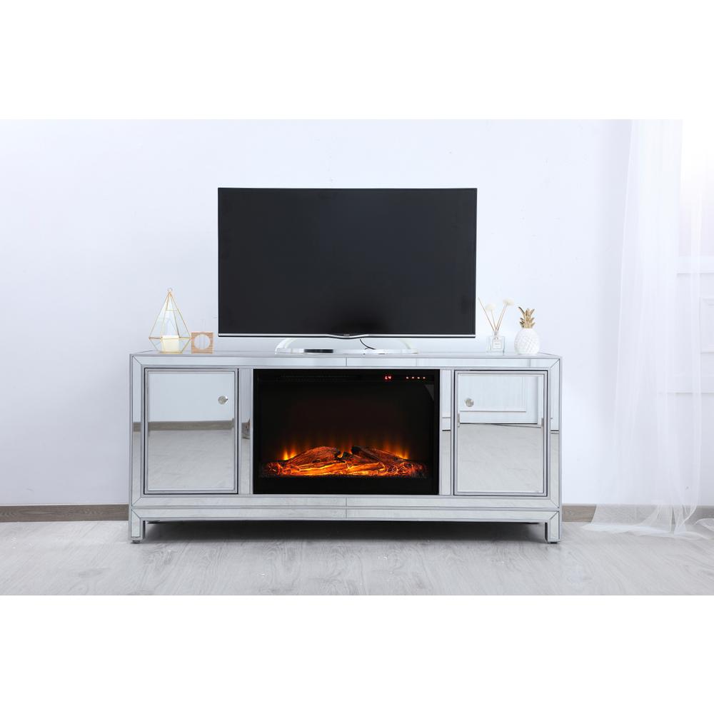 60 In. Mirrored Tv Stand With Wood Fireplace Insert In Antique Silver. Picture 10