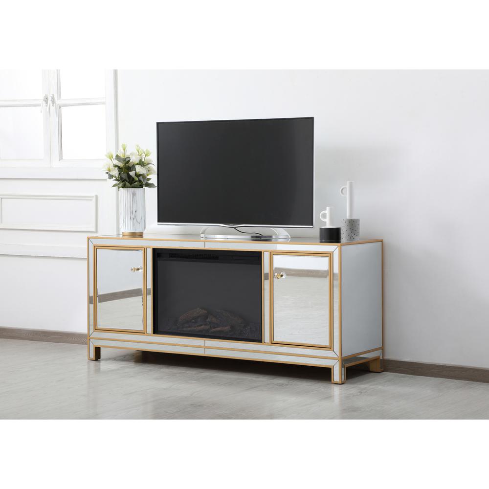 Reflexion 60 In. Mirrored Tv Stand With Wood Fireplace In Gold. Picture 3