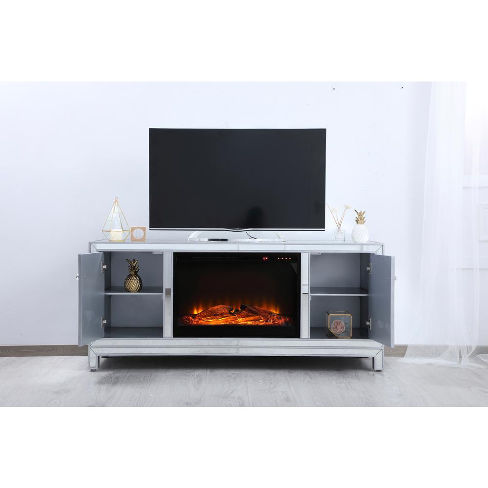 60 In. Mirrored Tv Stand With Wood Fireplace Insert In Antique Silver. Picture 4