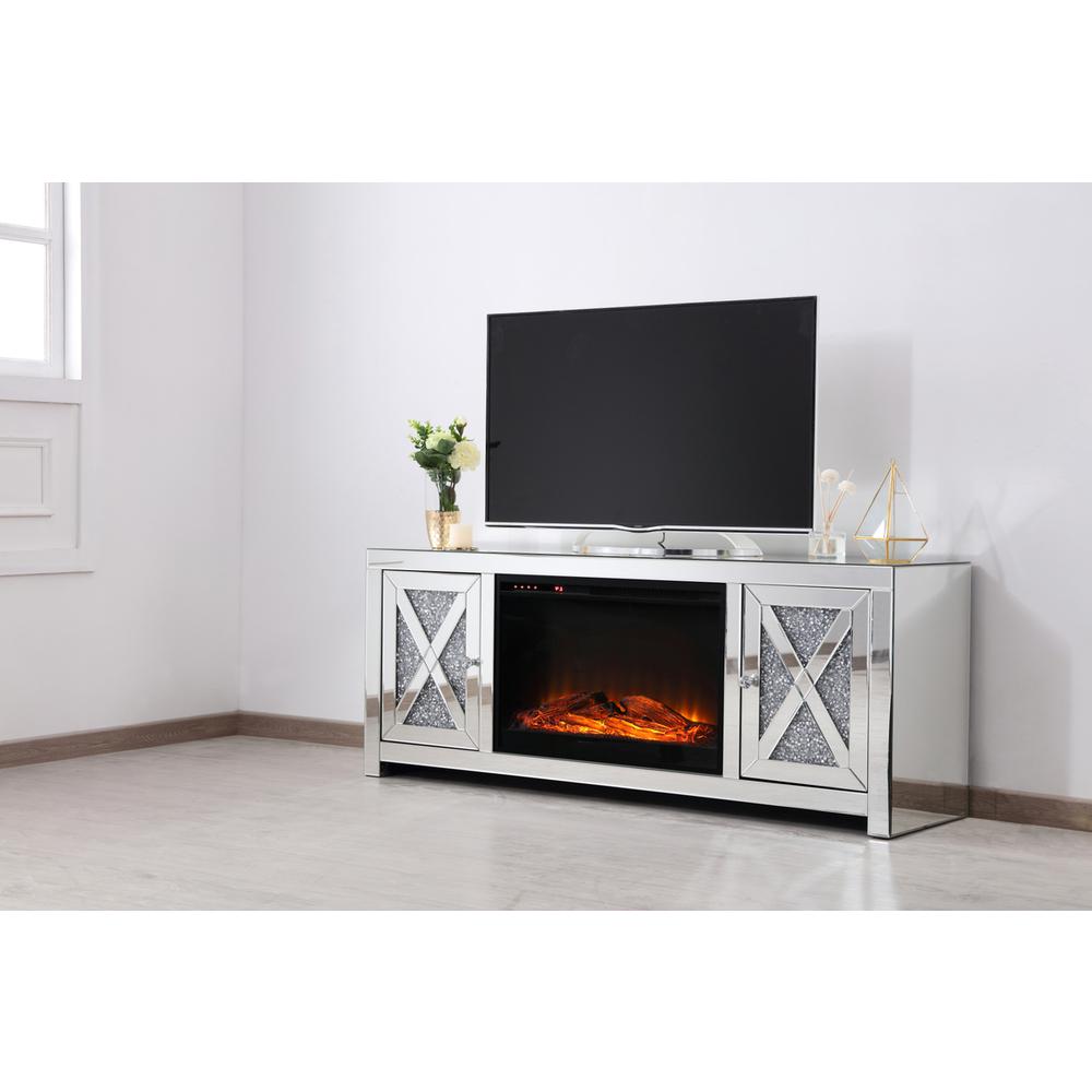 59 In. Crystal Mirrored Tv Stand With Wood Log Insert Fireplace. Picture 2