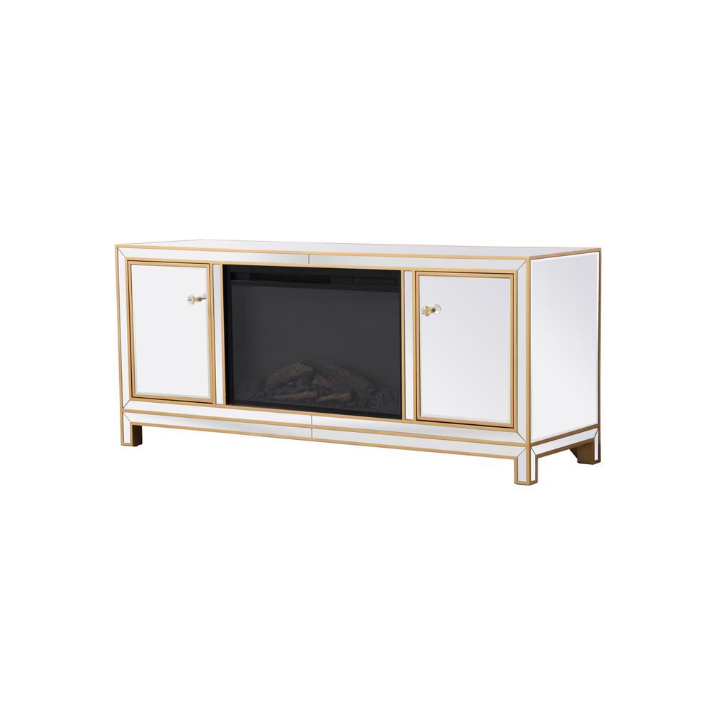 Reflexion 60 In. Mirrored Tv Stand With Wood Fireplace In Gold. Picture 6