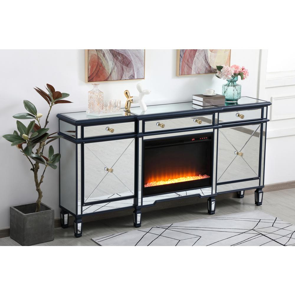 Contempo 72 In. Mirrored Credenza With Crystal Fireplace In Blue. Picture 3