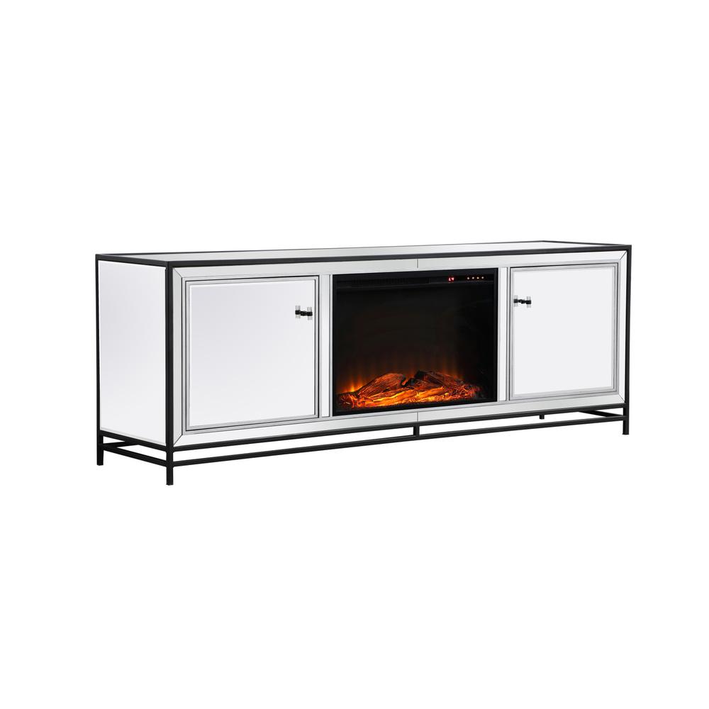James 72 In. Mirrored Tv Stand With Wood Fireplace In Black. Picture 5