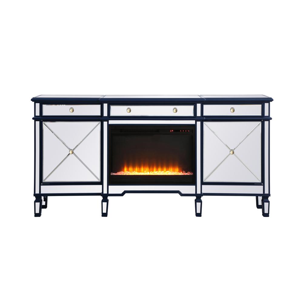 Contempo 72 In. Mirrored Credenza With Crystal Fireplace In Blue. Picture 1