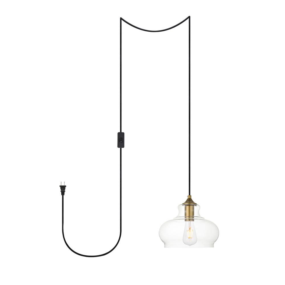 Destry 1 Light Brass Plug-In Pendant With Clear Glass. Picture 1