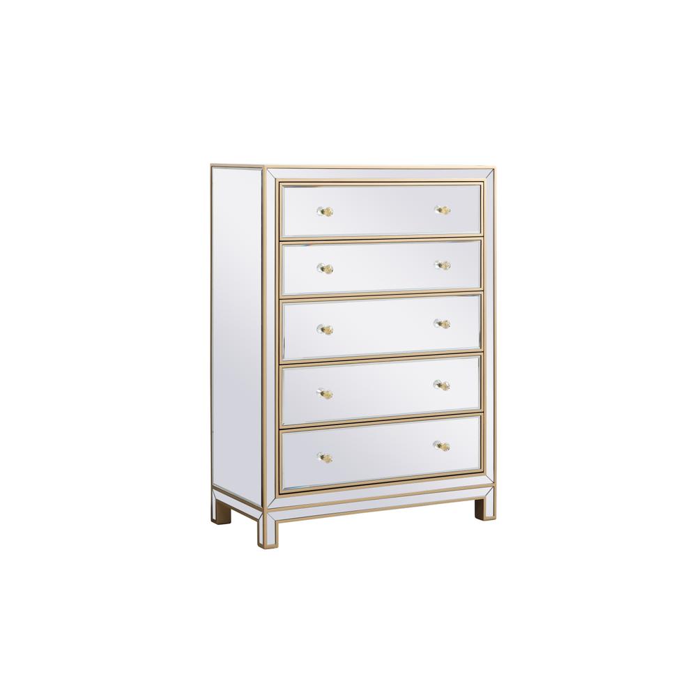 34 Inch Mirrored Five Drawer Cabinet In Gold. Picture 4