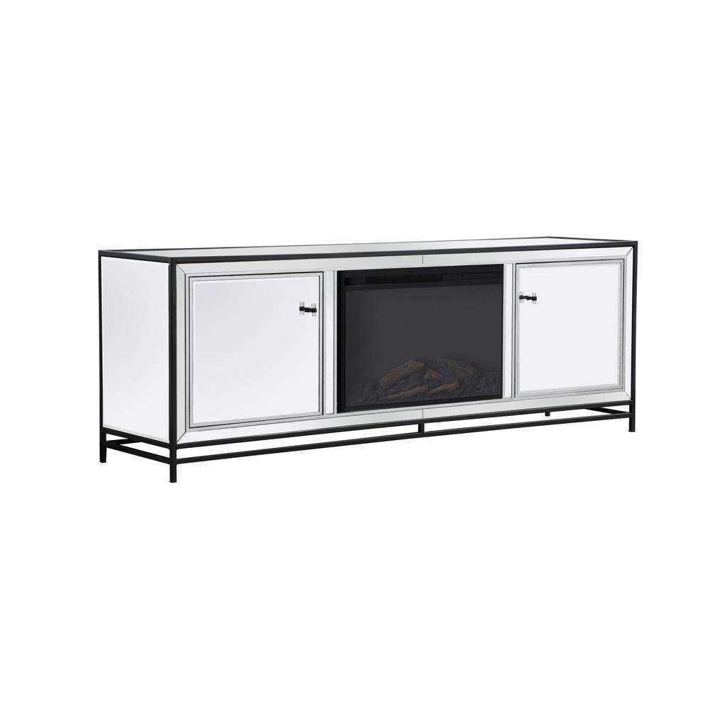 James 72 In. Mirrored Tv Stand With Wood Fireplace In Black. Picture 6