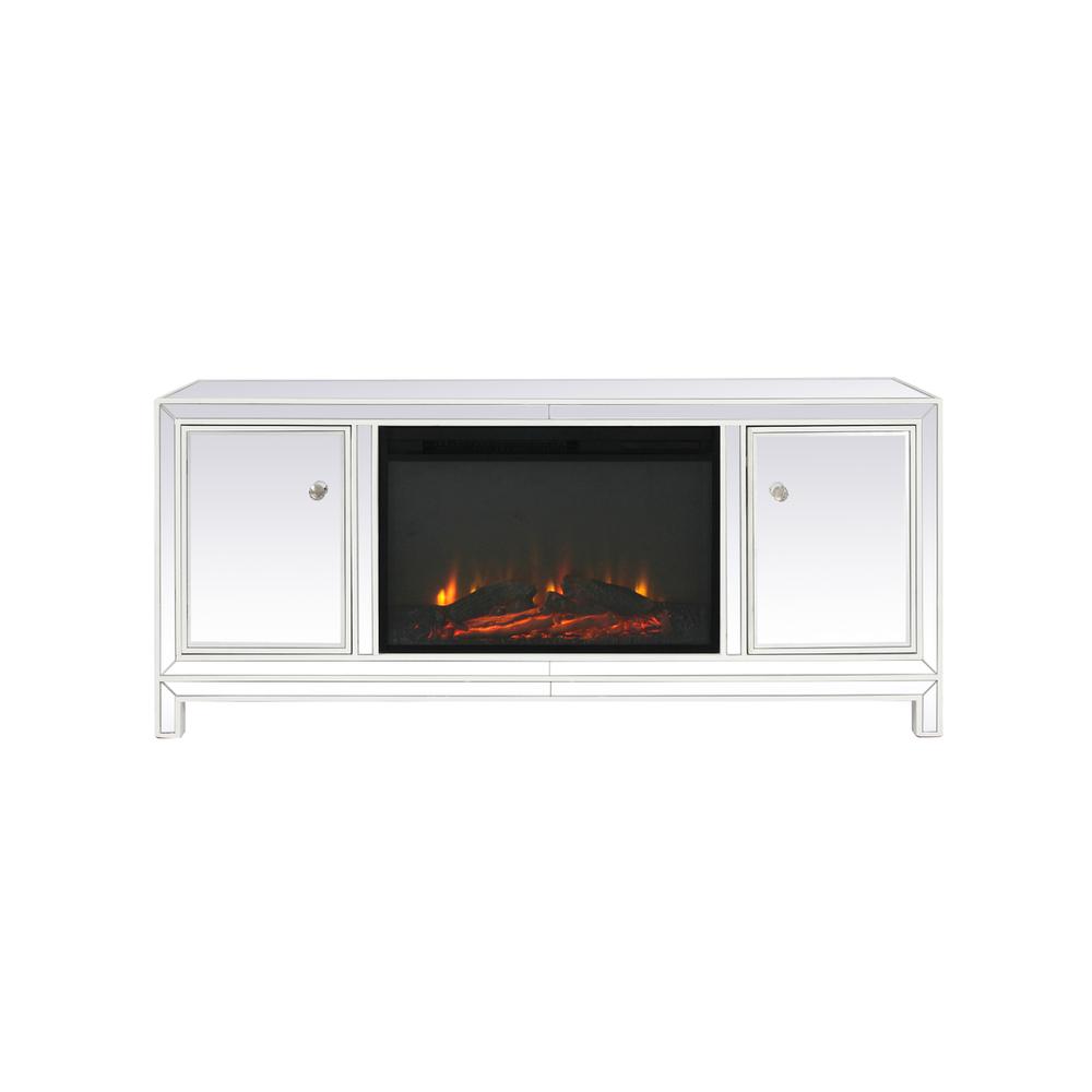 60 In. Mirrored Tv Stand With Wood Fireplace Insert In White. Picture 1