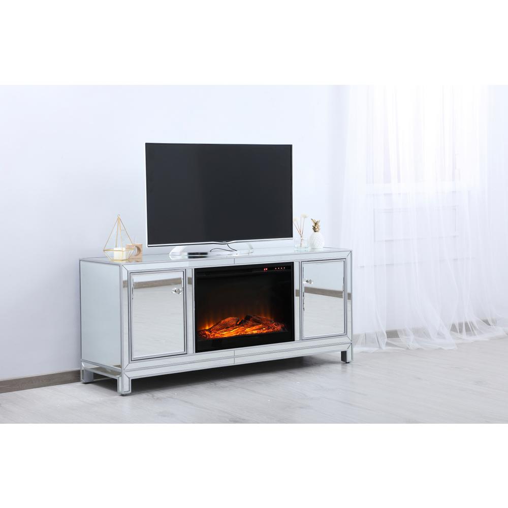 60 In. Mirrored Tv Stand With Wood Fireplace Insert In Antique Silver. Picture 2