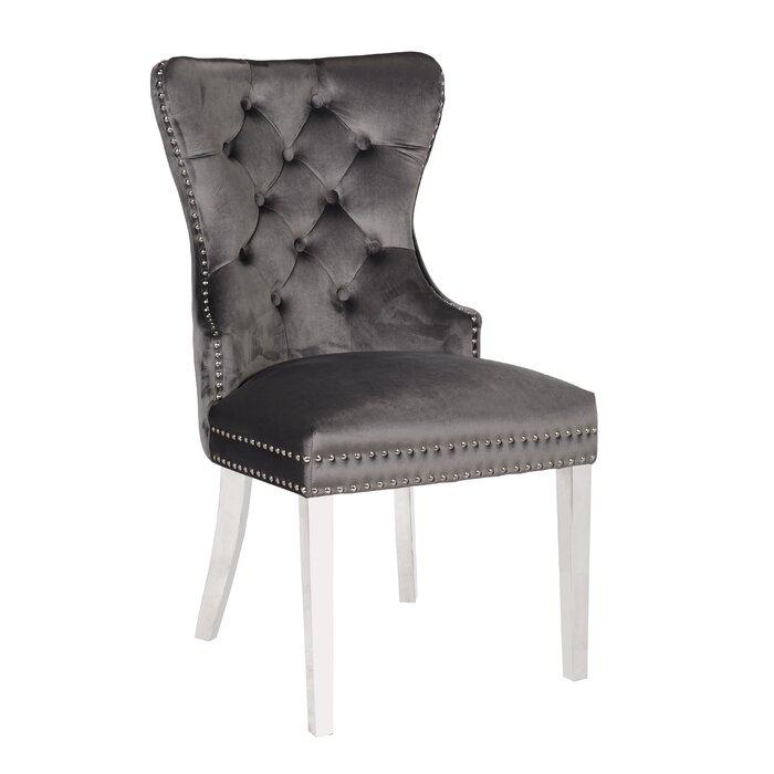 Erica 2 Piece Stainless Steel Legs Chair Finish with Velvet Fabric in Dark Gray. Picture 2