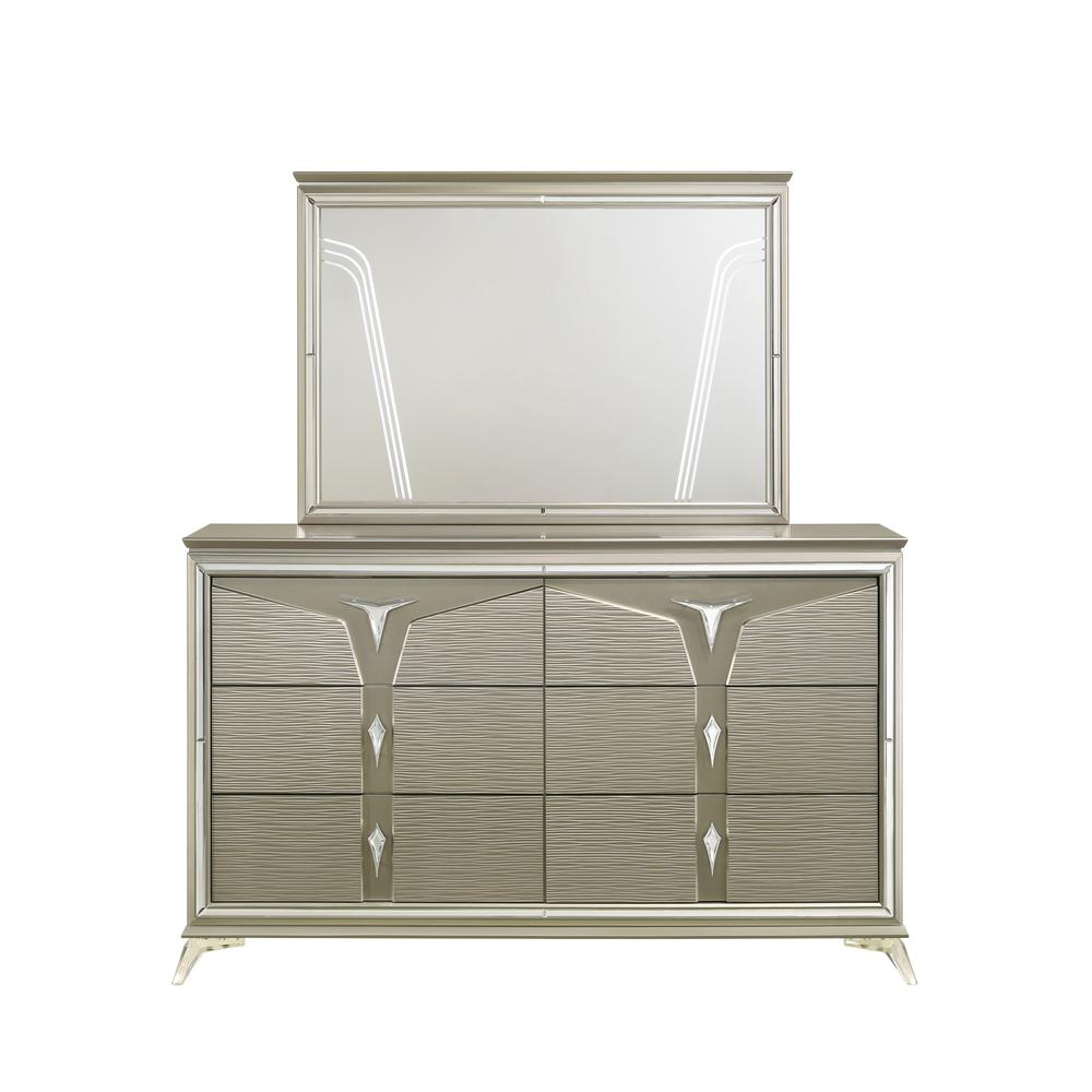 Samantha Modern Style 6-Drawer Dresser Made with Wood & Mirrored Accents. Picture 1