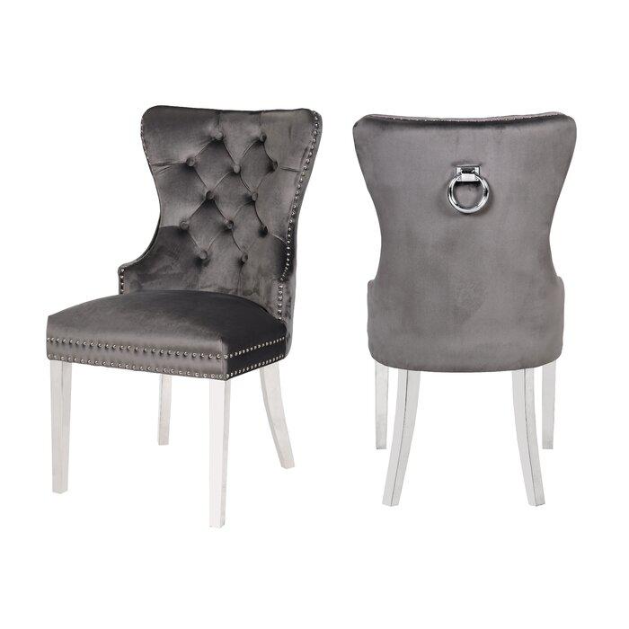Erica 2 Piece Stainless Steel Legs Chair Finish with Velvet Fabric in Dark Gray. Picture 1